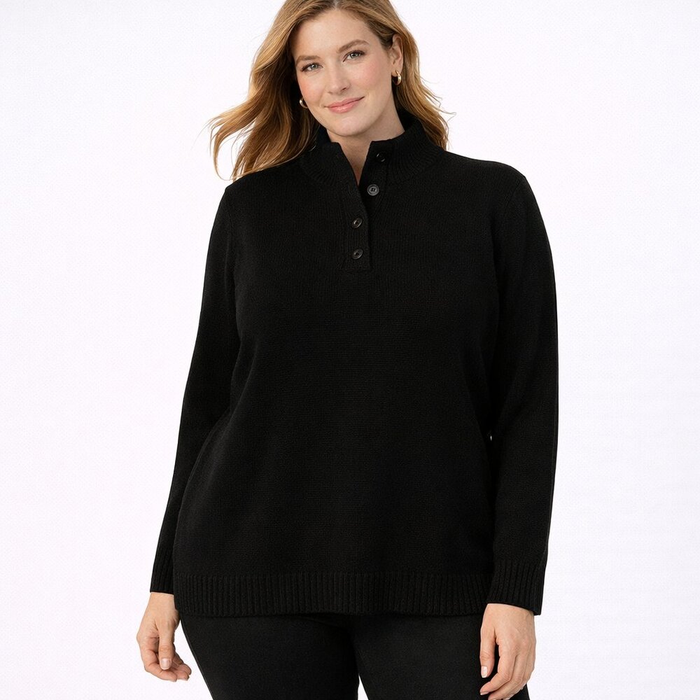 I. Crew Black Tweed Look Merino Wool Blend Long Sleeve 1/2 Turtleneck 2 Buttons